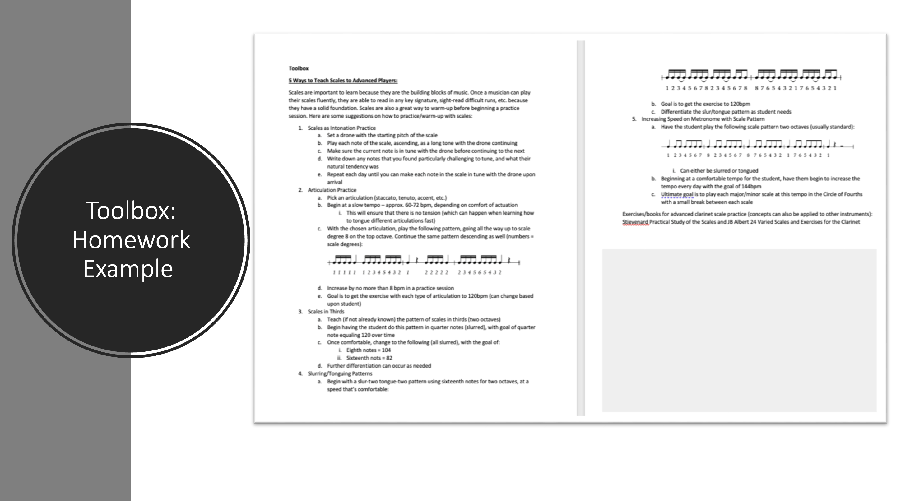 Example scales for teaching beginners and advanced players