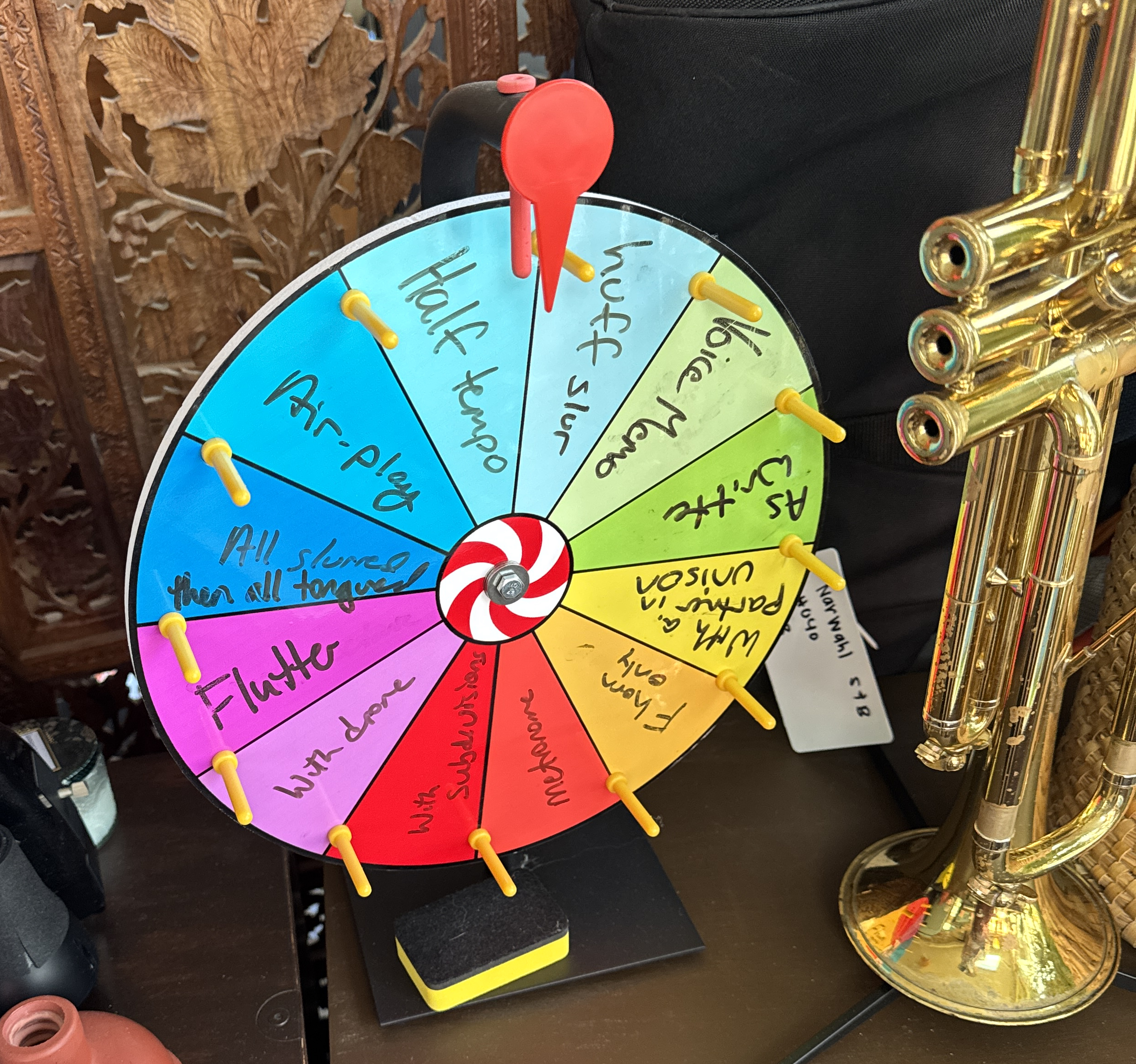 A spinner wheel used to choose practice techniques or scales during lessons