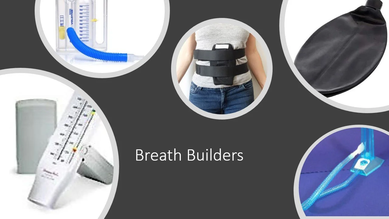 5 different breath-building devices used by wind players to improve their breath capacity and efficiency. There is a breathing bag, two spirometers to measure capacity and flow, an abdominal support, and an exhale flow meter.
