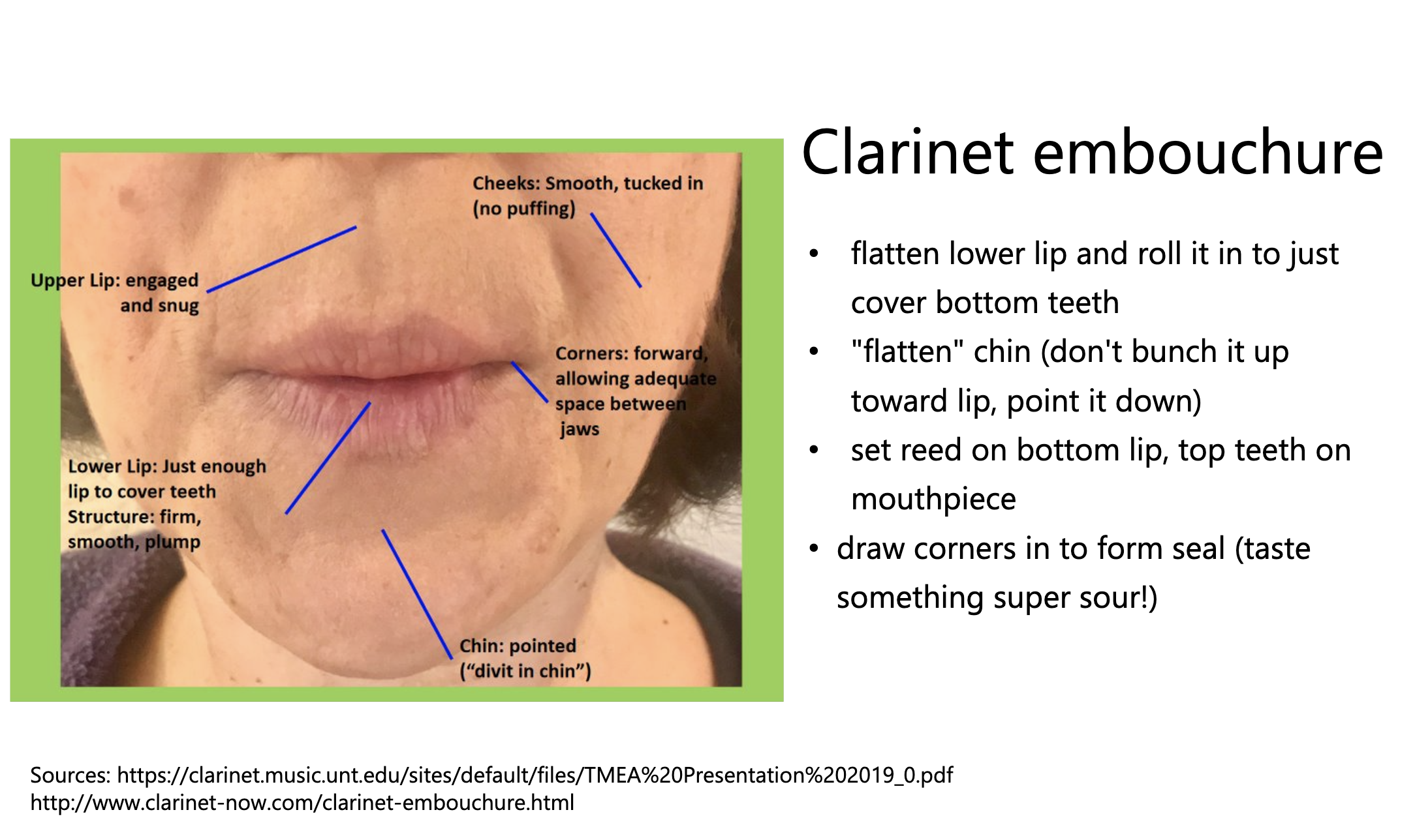 Clarinet embouchure diagram showing proper lip and chin positioning