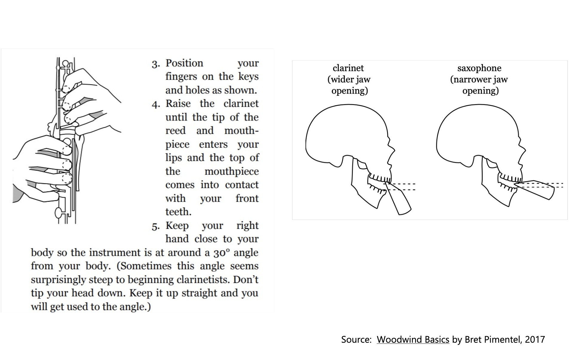 Clarinet positioning and jaw comparison between clarinet and saxophone