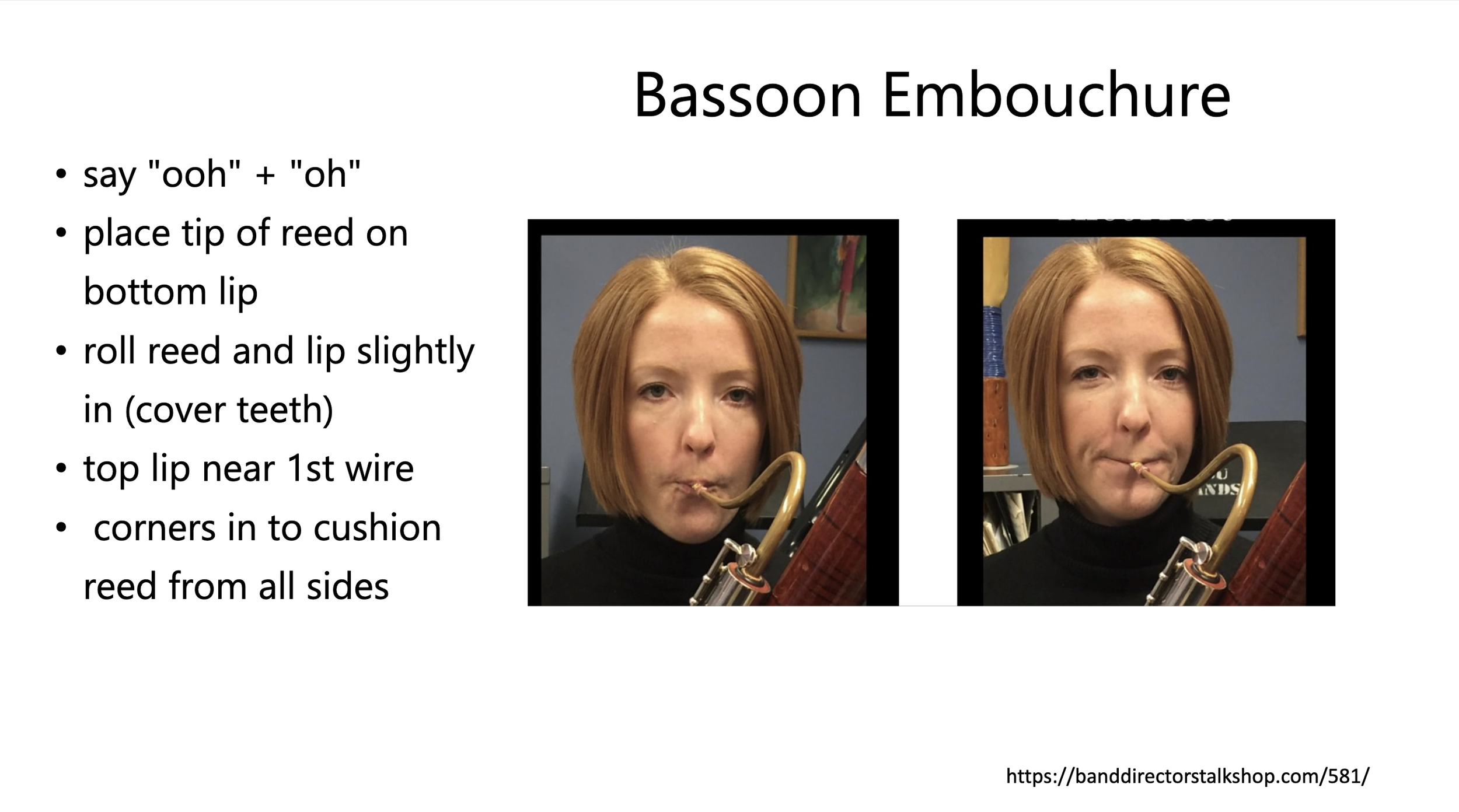 Bassoon embouchure instructions showing reed placement on lips