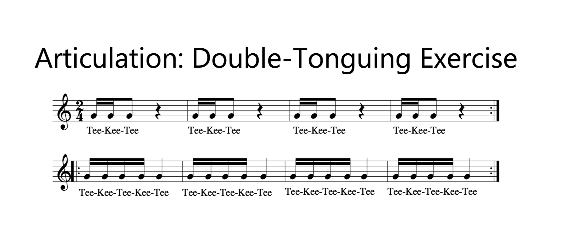 Articulation: Double-Tonguing Exercise in treble clef, 2/4 time, showing syllables Tee-Kee-Tee beneath the notes