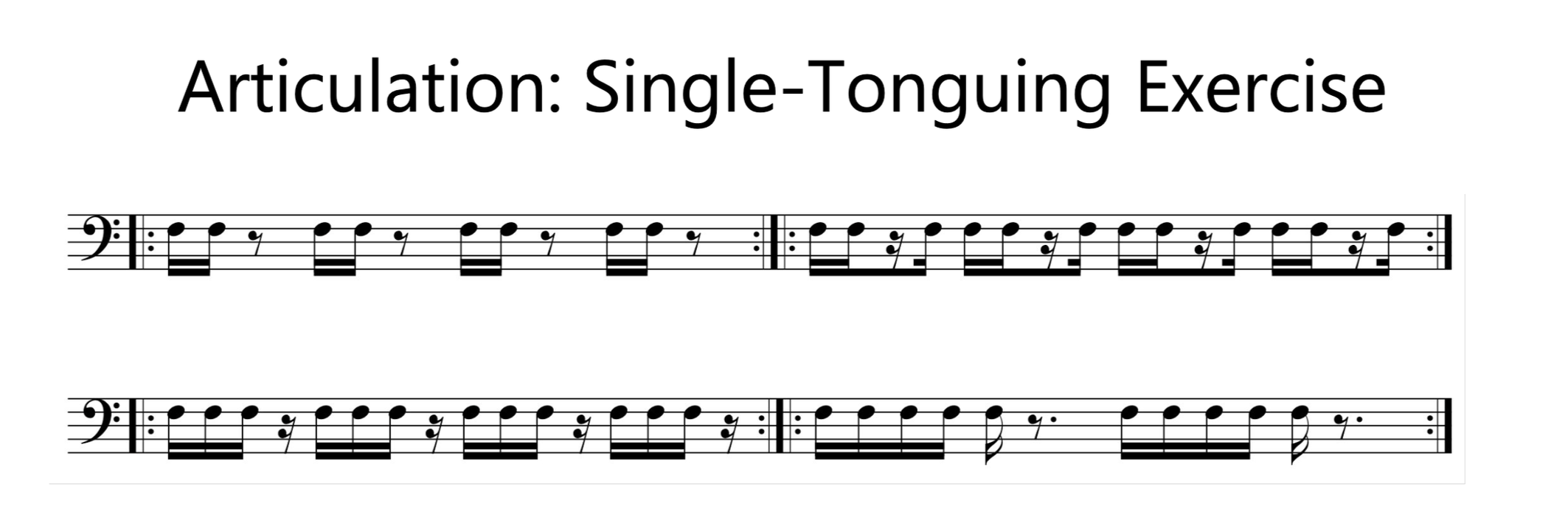Articulation: Single-Tonguing Exercise — two lines of bass clef exercises with varied articulation patterns