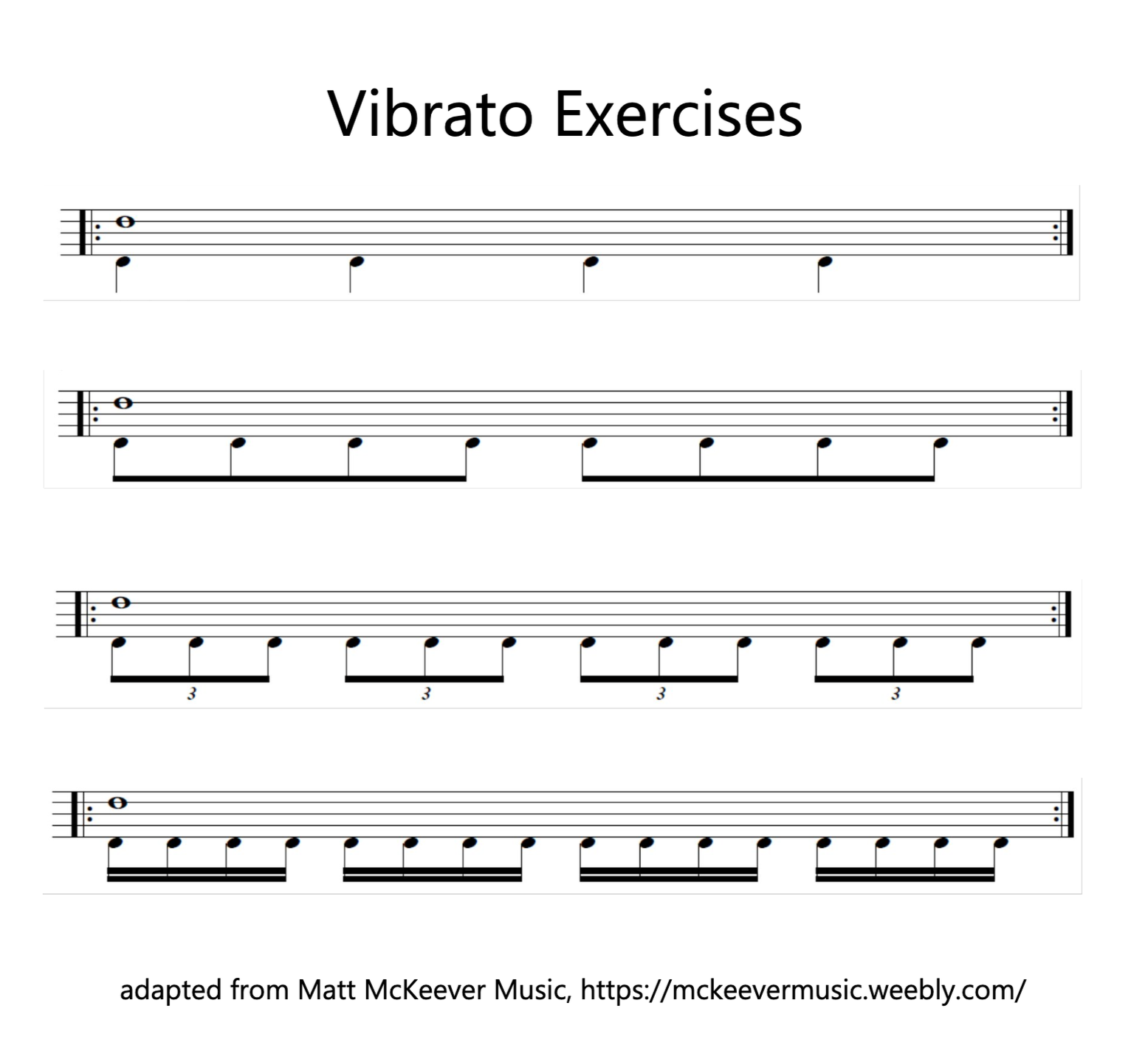 Vibrato Exercises sheet music — four lines progressing from whole notes with quarter note pulses to eighth notes, triplets, sixteenths, and quintuplets. Adapted from Matt McKeever Music