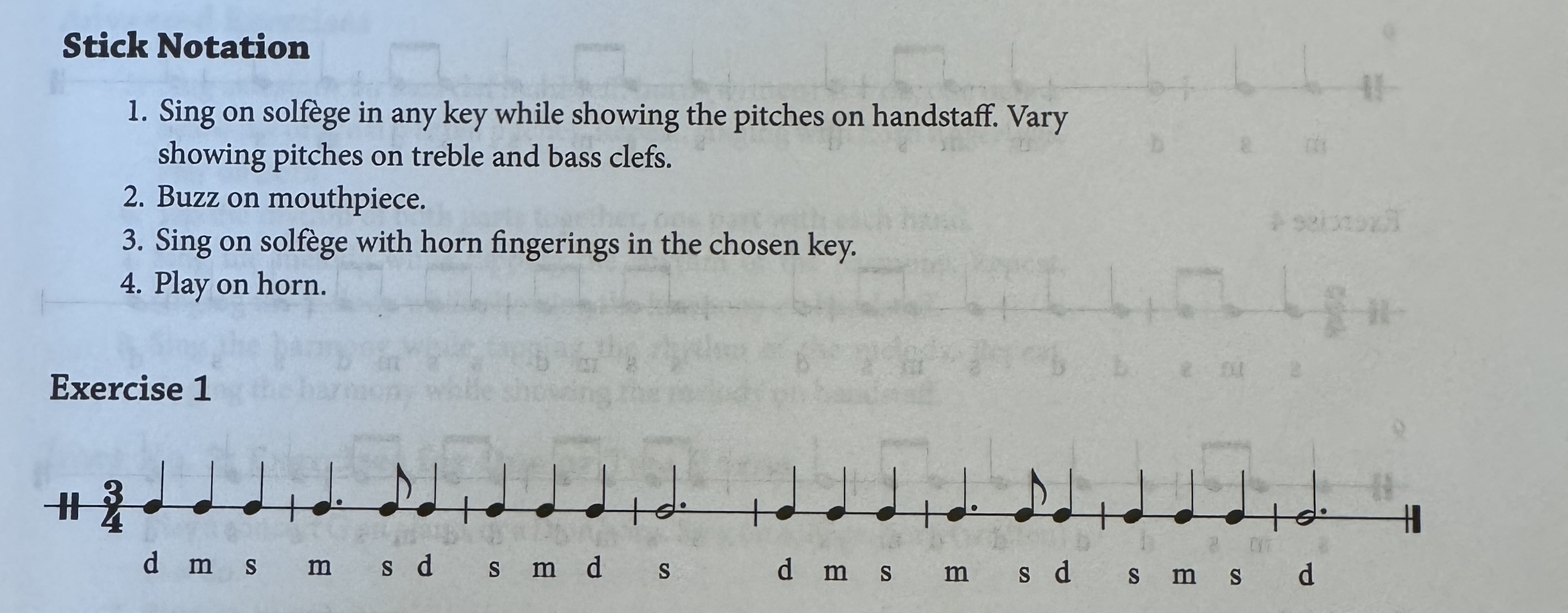 Stick Notation — an example of stick notation showing rhythms with solfege syllables written below each note instead of traditional staff placement