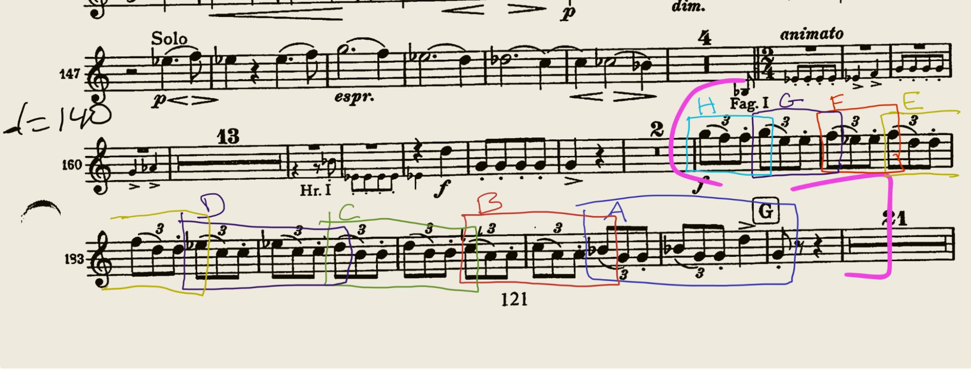 Brahms Academic Festival Overture excerpt with sections marked in different colors for interleaved clicking-up practice