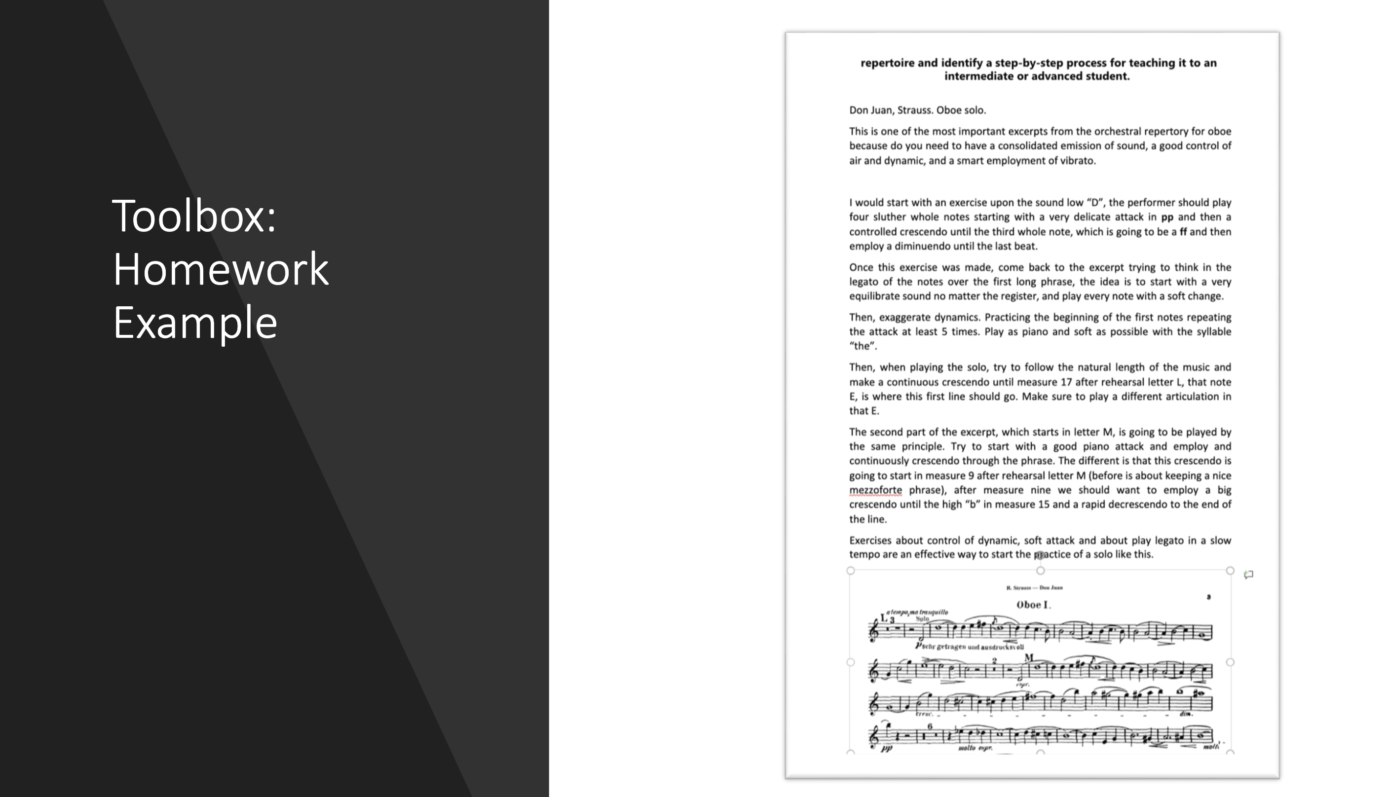 Toolbox homework example — a student's step-by-step process for teaching the Don Juan oboe solo by Richard Strauss to an intermediate or advanced student, including exercises for dynamics, soft attacks, legato playing, and crescendo control, with the orchestral excerpt shown below