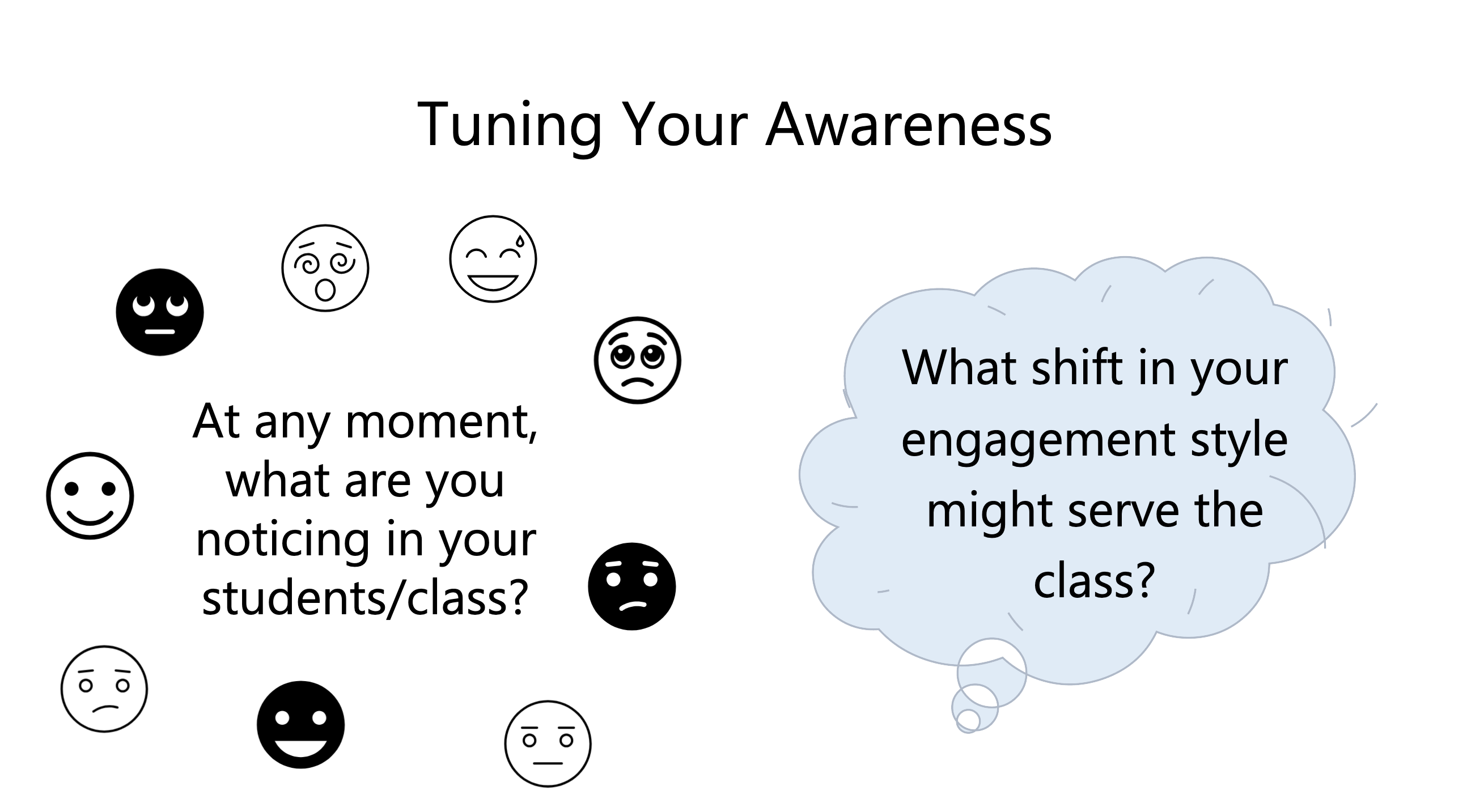 Tuning Your Awareness — faces with varied expressions surrounding the question: At any moment, what are you noticing in your students or class? A thought bubble asks: What shift in your engagement style might serve the class?