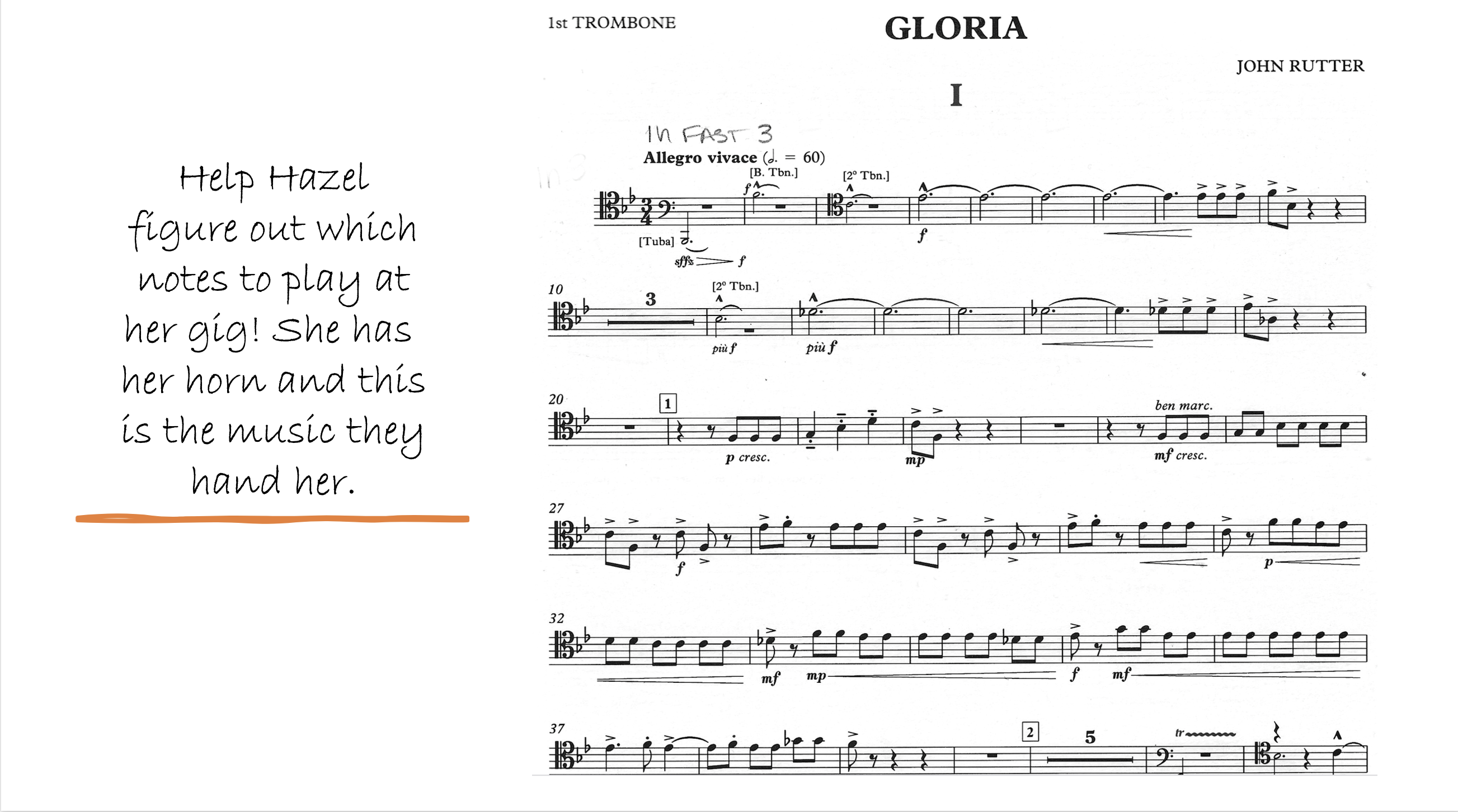 First Trombone part from Gloria by John Rutter — transpose from rehearsal 1 to rehearsal 2 for horn in F
