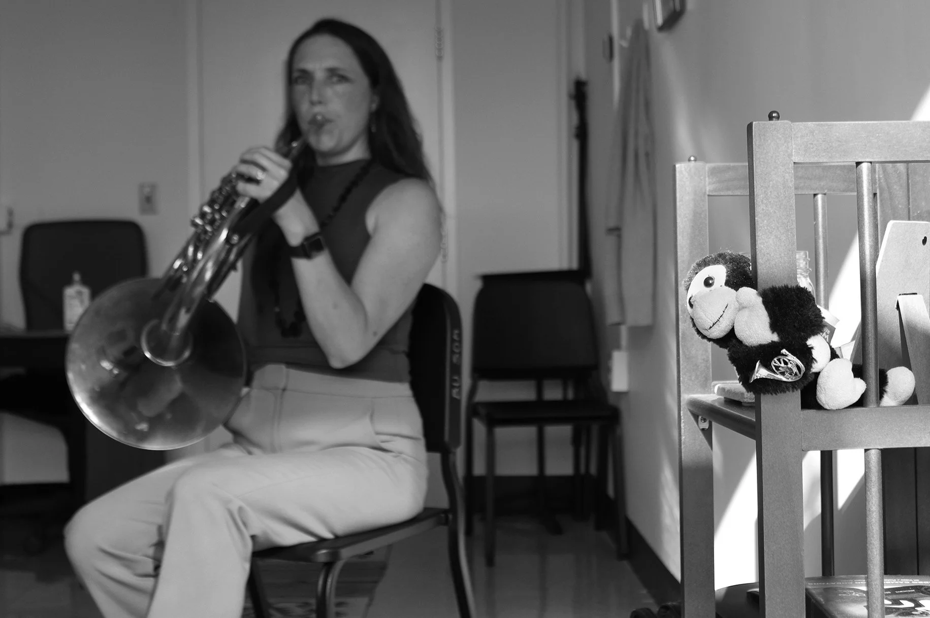 A chimp in the horn studio